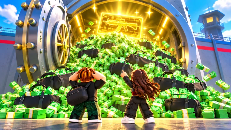 Two Roblox characters face a giant open vault filled with green cash in official 2 Player Raid Tycoon promotional artwork